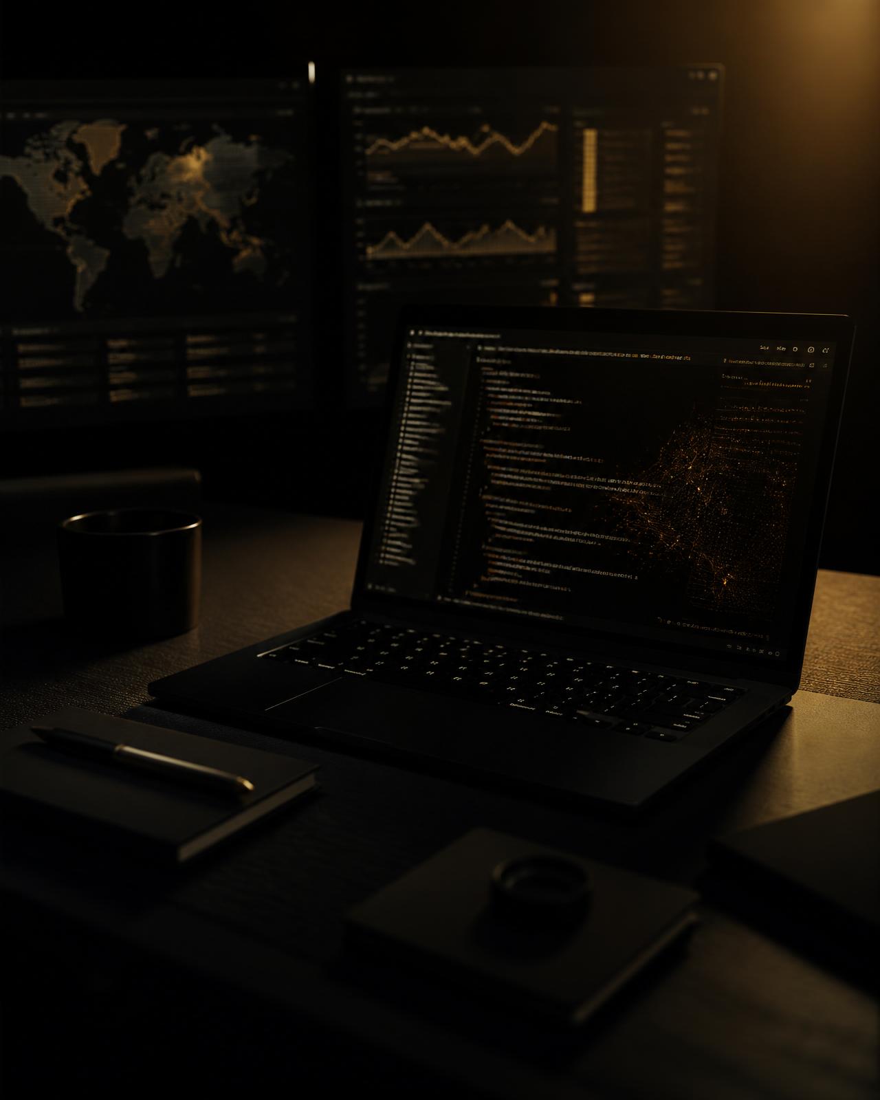 Estudio remoto XclusiveSetup: escritorio de cuero negro con teclado mecánico, cuaderno y monograma X en latón bañado por luz dorada