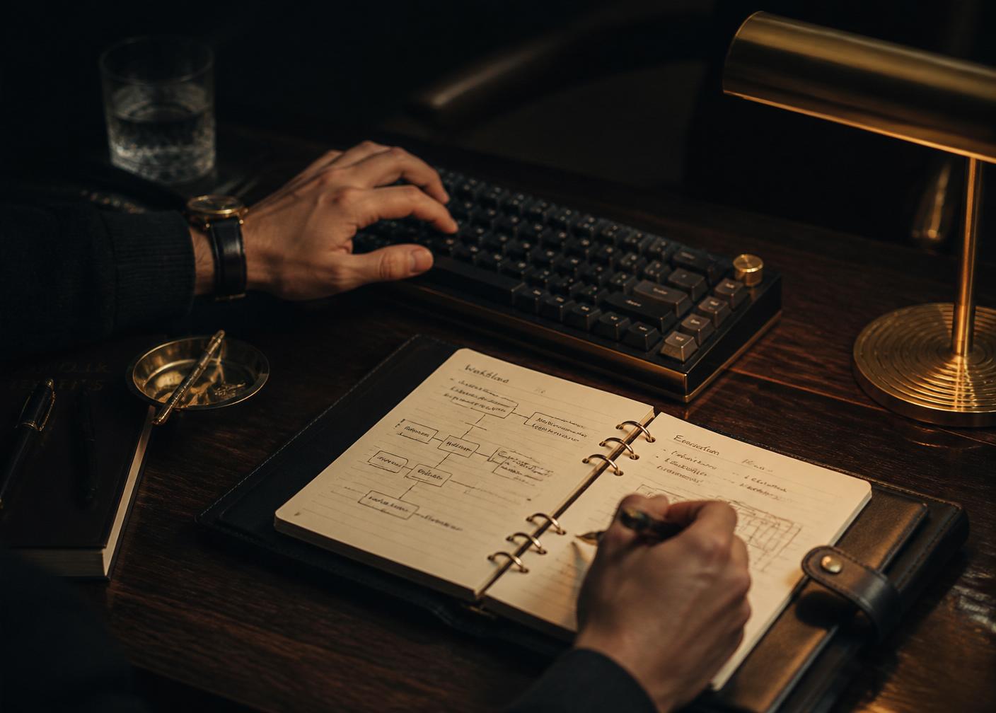 Escena editorial: manos trabajando sobre teclado mecánico y cuaderno con diagramas técnicos bajo luz dorada